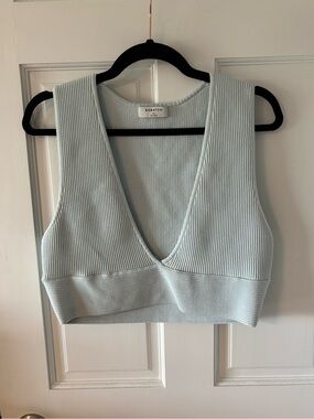 Babaton Pale Blue Ribbed Deep-V Crop Top